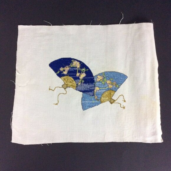 Handcrafted World Map Japanese Fan Finished Cross Stitch Art On Canvas - Picture 3 of 6